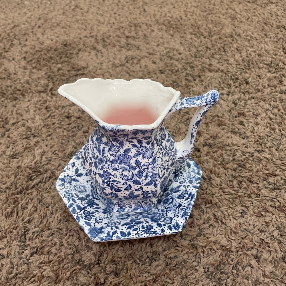 Vintage Blue Chintz Ceramic Pitcher and Hexagonal Plate Set Farmhouse Chic READ